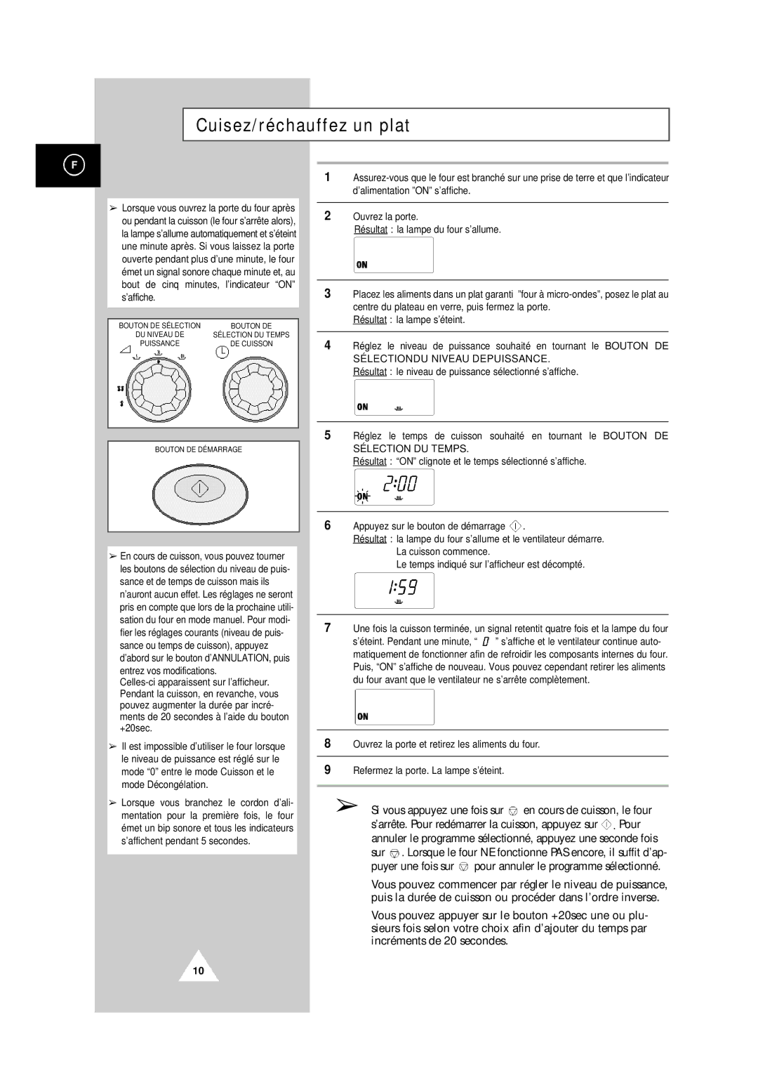 Samsung CM1419/XEF, CM1819/XEF manual Cuisez/réchauffez un plat, Puyer une fois sur pour annuler le programme sélectionné 