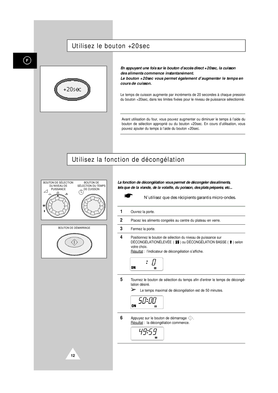 Samsung CM1419/XEF, CM1819/XEF manual Utilisez le bouton +20sec, Utilisez la fonction de décongélation 