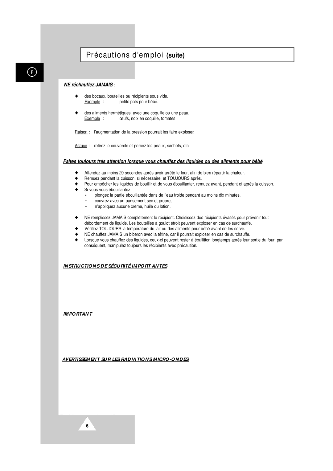 Samsung CM1419/XEF, CM1819/XEF manual Précautions d’emploi suite, NE réchauffez Jamais 