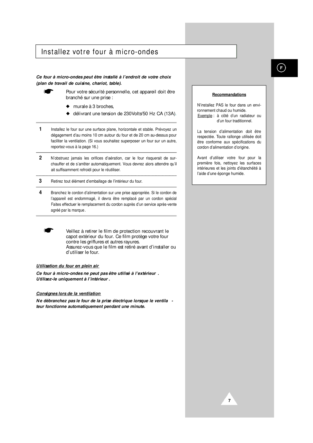 Samsung CM1819/XEF, CM1419/XEF manual Installez votre four à micro-ondes, Recommandations 