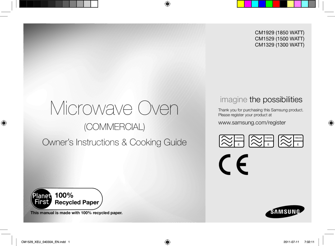 Samsung CM1529-1/XEU manual Microwave Oven, This manual is made with 100% recycled paper 