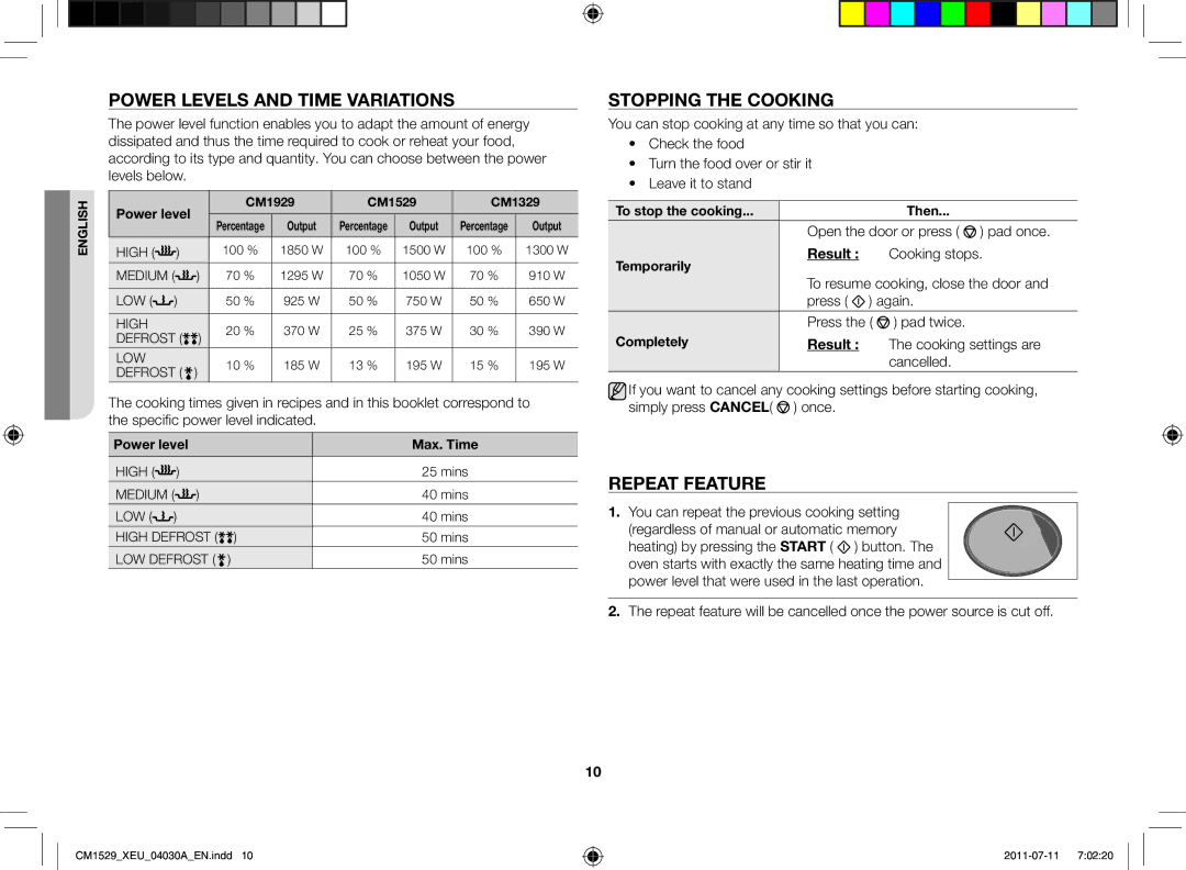 Samsung CM1529-1/XEU manual Power levels and Time Variations Stopping the cooking, Repeat Feature 