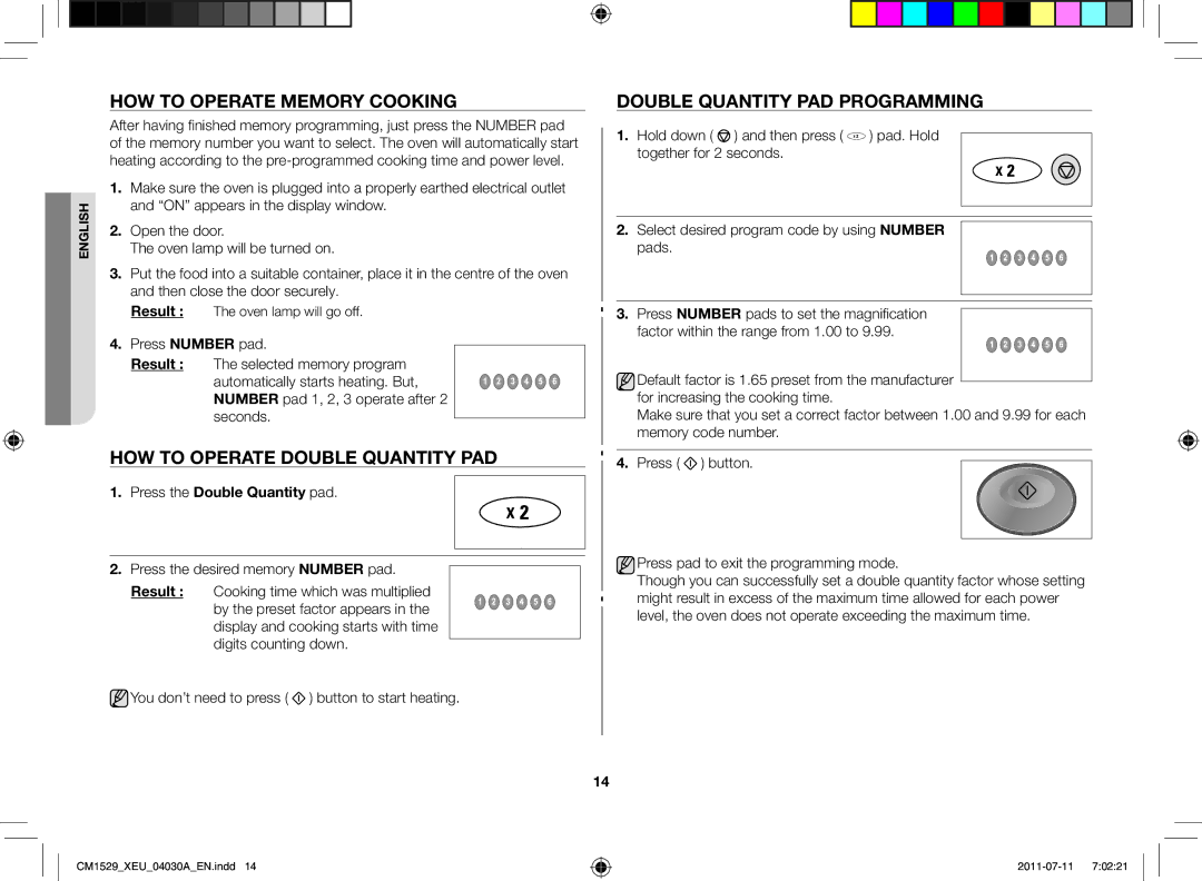 Samsung CM1529-1/XEU How to Operate Memory Cooking, How to Operate Double Quantity Pad, Double Quantity Pad Programming 