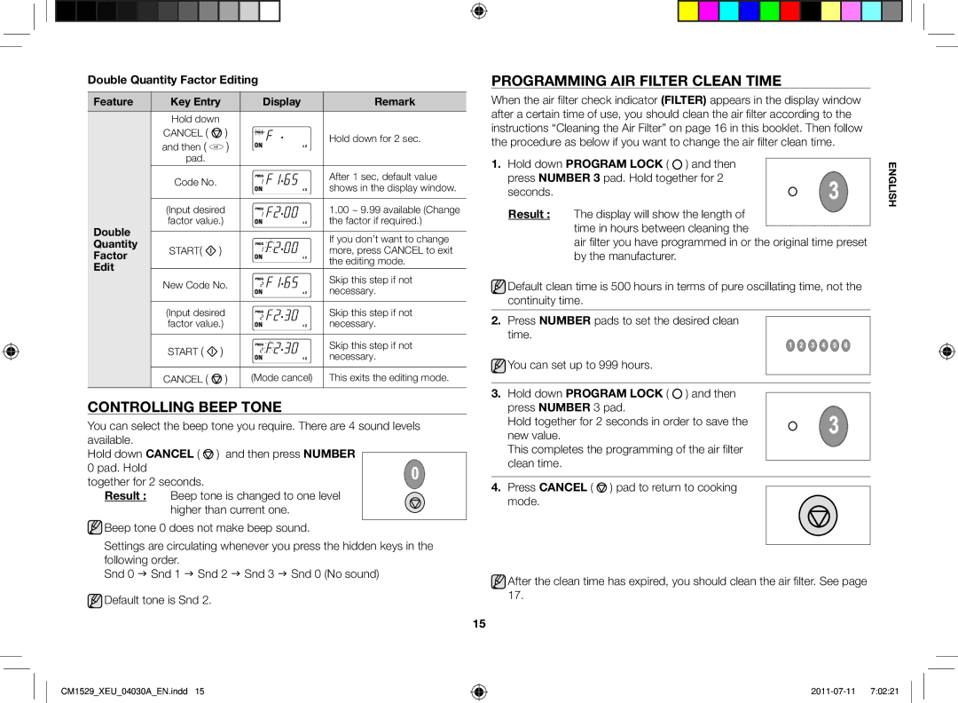 Samsung CM1529-1/XEU manual Controlling Beep Tone, Programming Air Filter Clean Time, Double Quantity Factor Editing 
