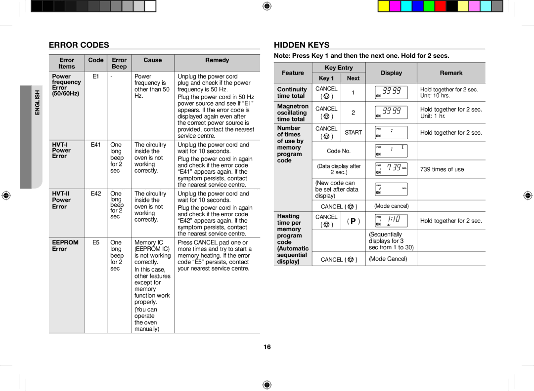 Samsung CM1529-1/XEU manual Error Codes, Hidden Keys, Hvt-Ii, Eeprom 