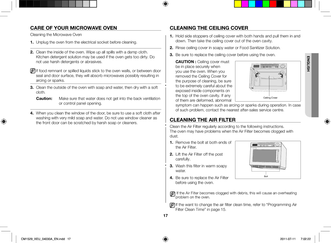 Samsung CM1529-1/XEU manual Care of Your Microwave Oven, Cleaning the Ceiling Cover, Cleaning the Air Filter 