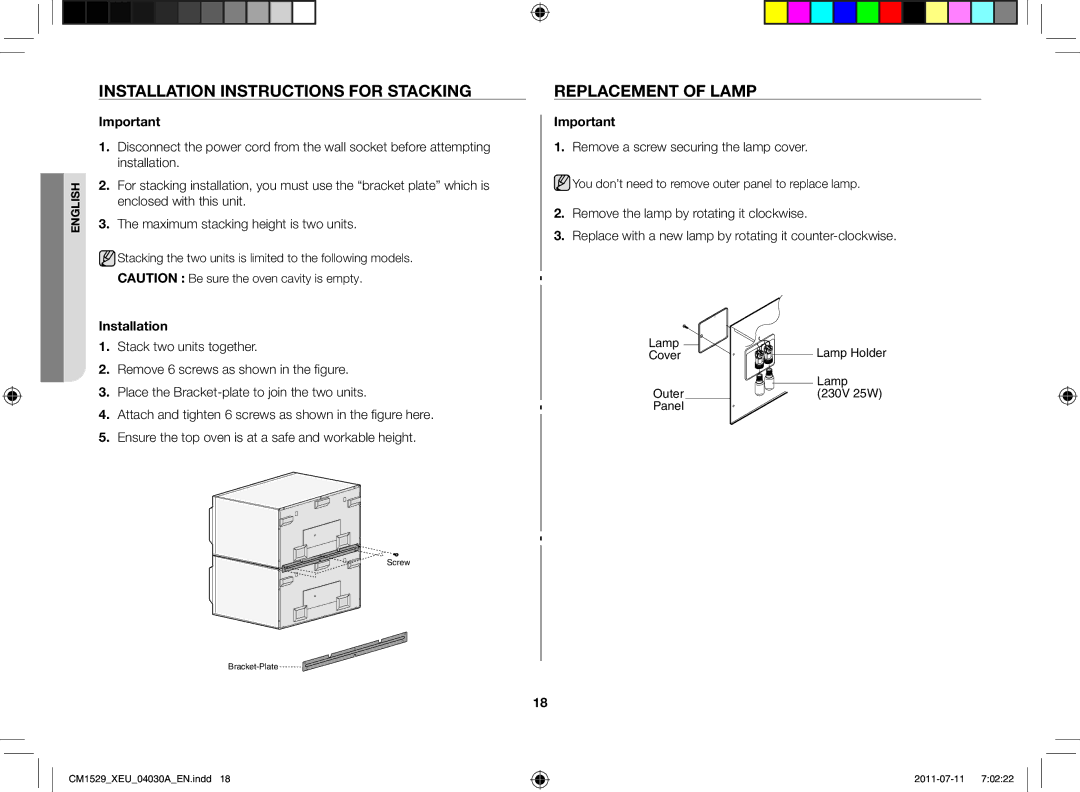 Samsung CM1529-1/XEU manual Installation Instructions for Stacking, Replacement of Lamp, Enclosed with this unit 