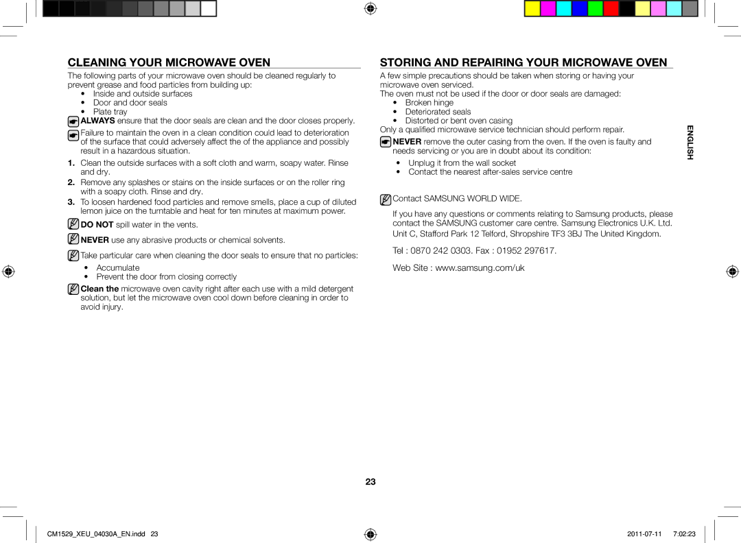 Samsung CM1529-1/XEU Cleaning your microwave oven, Storing and repairing your microwave oven, Tel 0870 242 0303. Fax 01952 