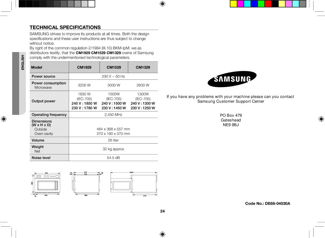 Samsung CM1529-1/XEU manual Technical specifications, Code No. DE68-04030A, Model CM1929 CM1529 CM1329 