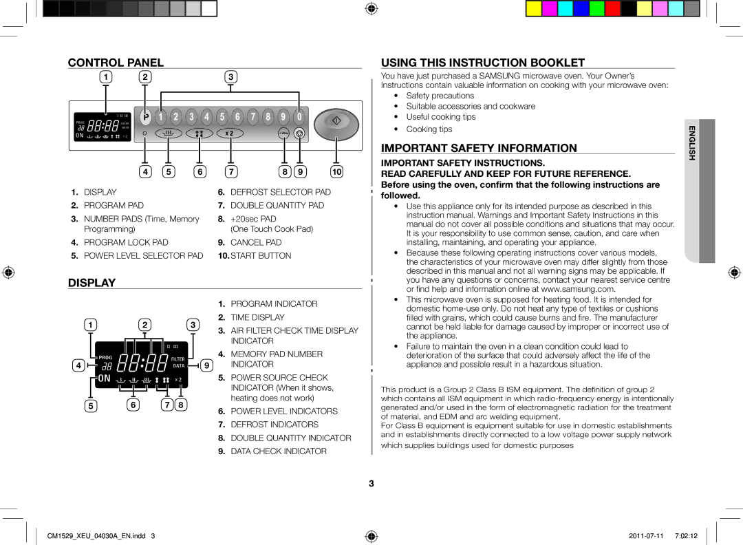 Samsung CM1529-1/XEU manual Control Panel, Display Using this instruction booklet, Important safety information 