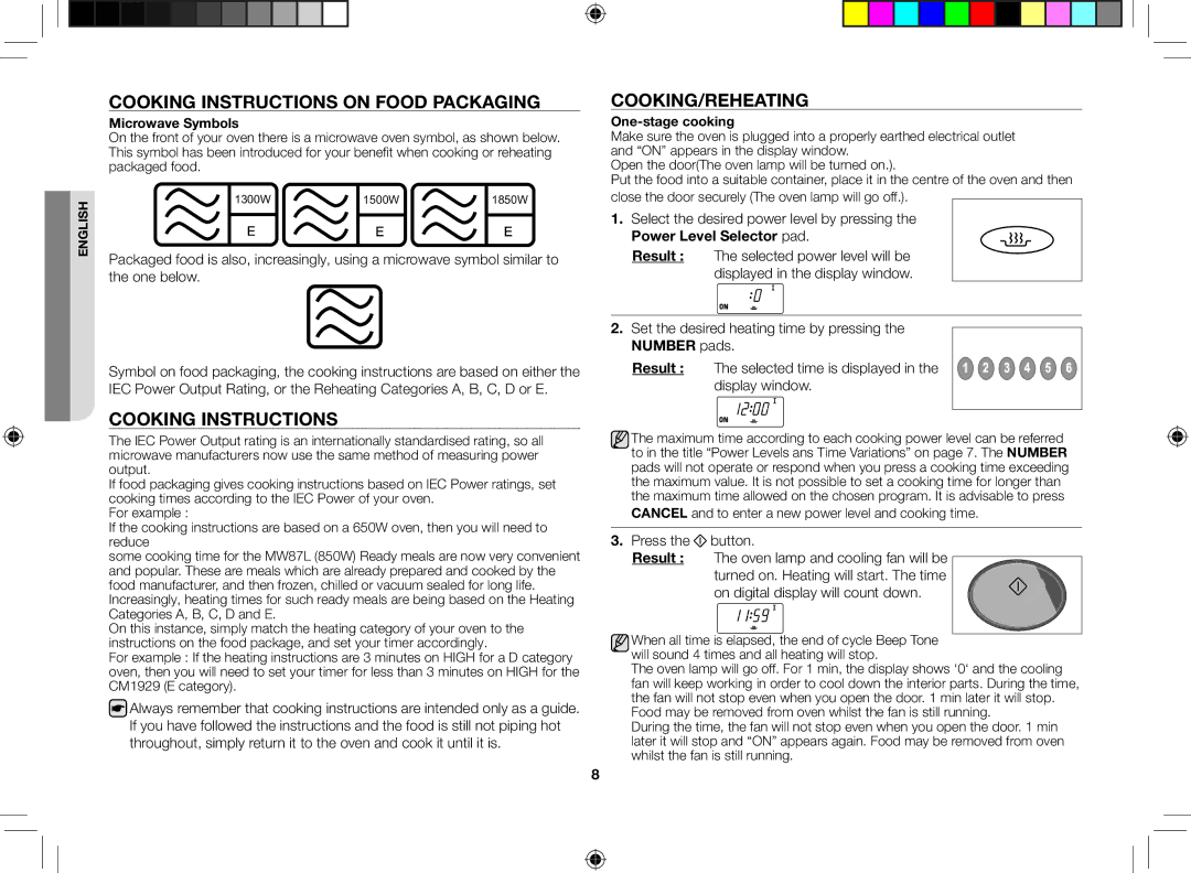 Samsung CM1529-1/XEU manual Cooking Instructions On Food Packaging, Cooking/Reheating, Microwave Symbols, One-stage cooking 