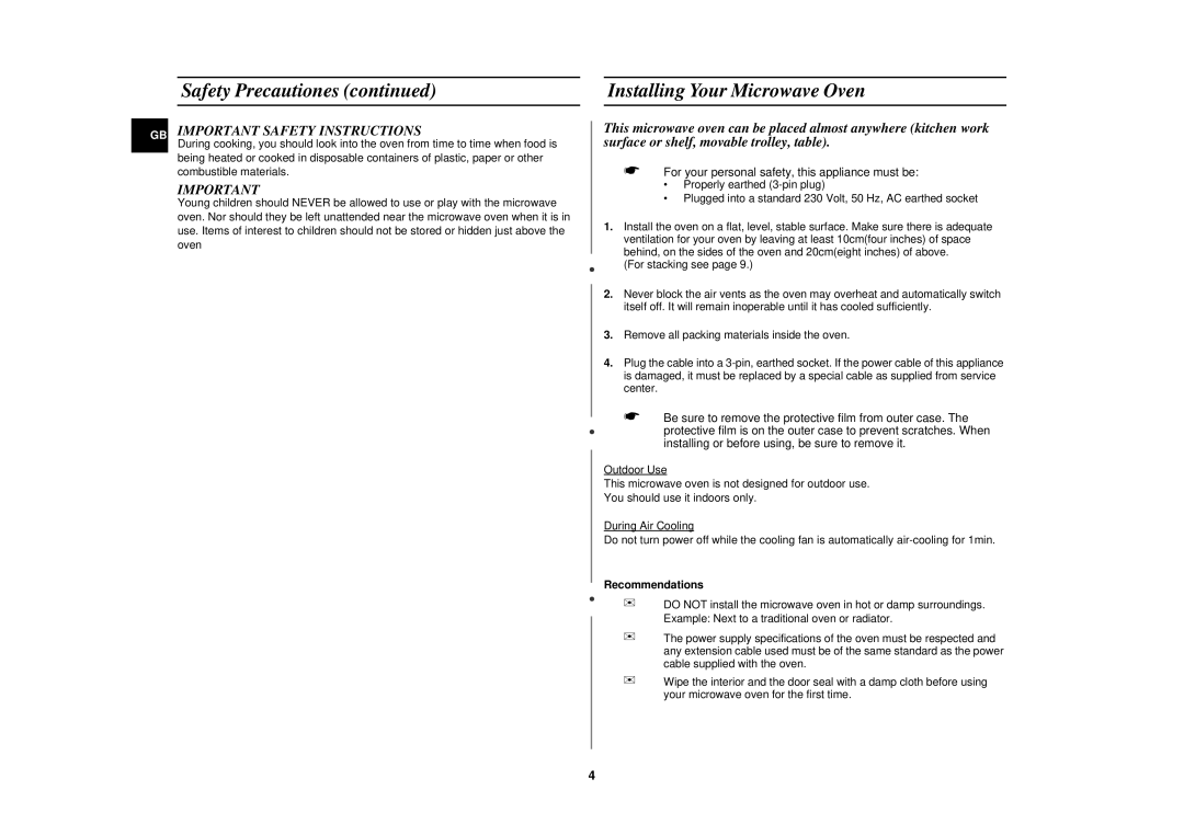 Samsung CM1619, CM1319 Installing Your Microwave Oven, GB Important Safety Instructions, Recommendations 
