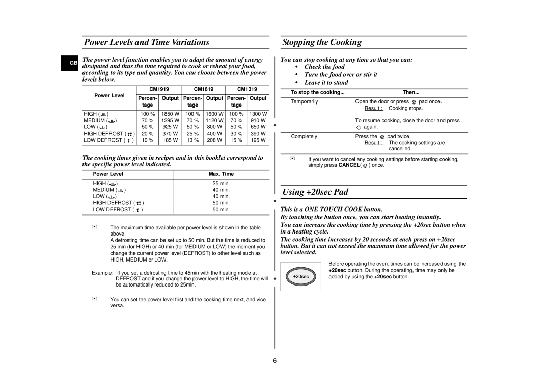 Samsung CM1619, CM1319 installation instructions Power Levels and Time Variations, Stopping the Cooking, Using +20sec Pad 