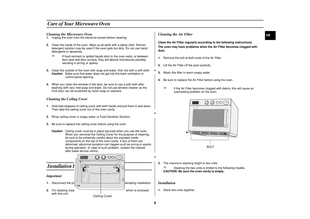 Samsung CM1319, CM1619 installation instructions Care of Your Microwave Oven, Installation Instructions for Stacking 