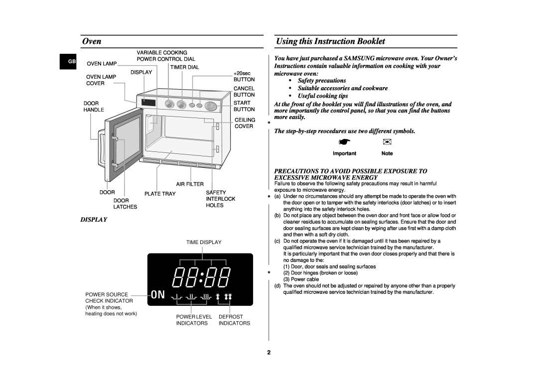 Samsung CM1619, CM1319 Oven, Using this Instruction Booklet, Safety precautions Suitable accessories and cookware, Display 