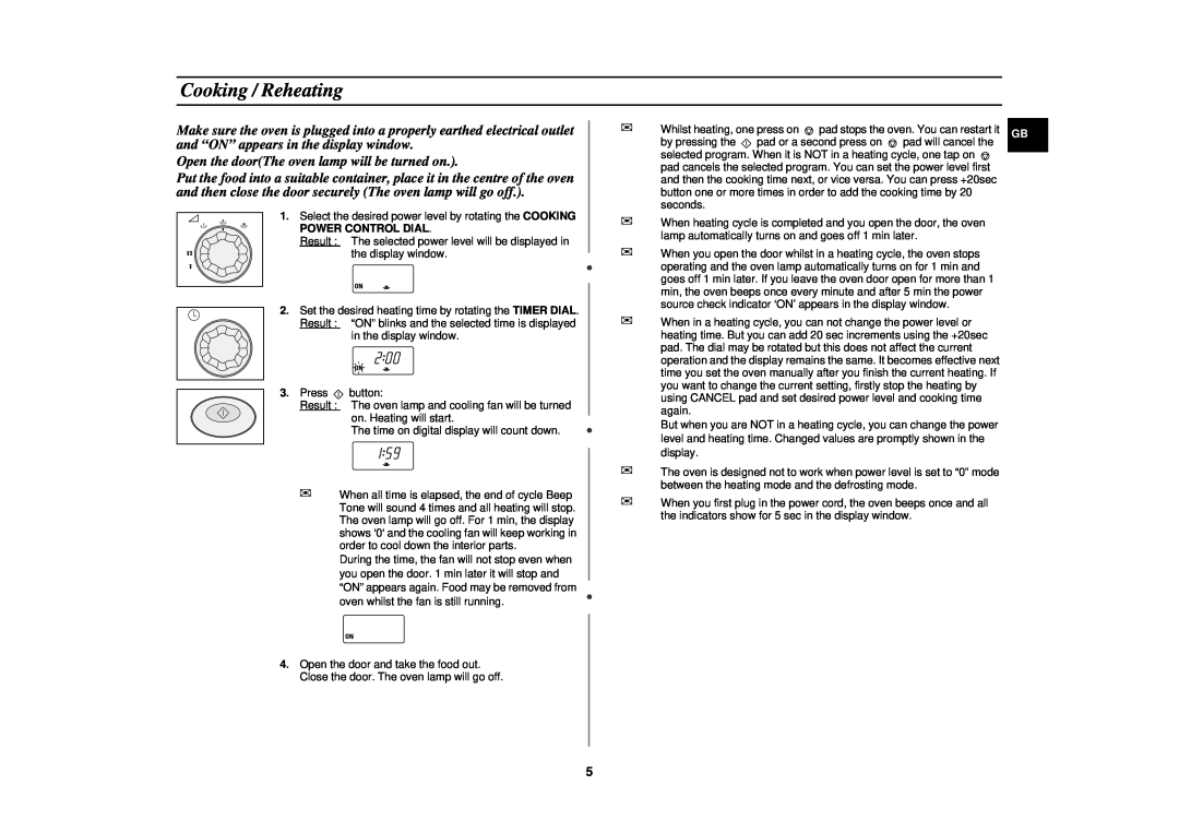Samsung CM1319, CM1619 installation instructions Cooking / Reheating 