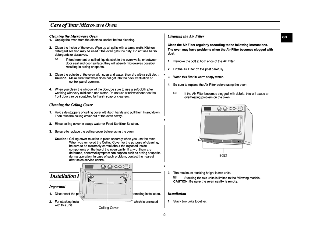 Samsung CM1319, CM1619 Care of Your Microwave Oven, Installation Instructions for Stacking, Cleaning the Microwave Oven 