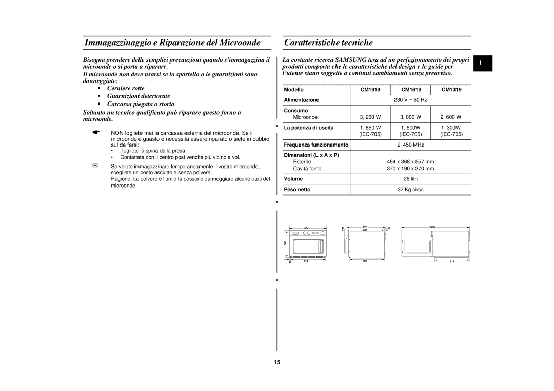 Samsung CM1619/XET, CM1919/XET, CM1319/XET manual Immagazzinaggio e Riparazione del Microonde, Caratteristiche tecniche 