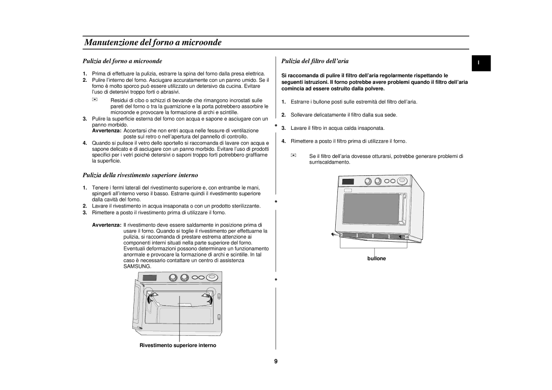 Samsung CM1619/XET, CM1919/XET, CM1319/XET manual Manutenzione del forno a microonde, Rivestimento superiore interno, Bullone 