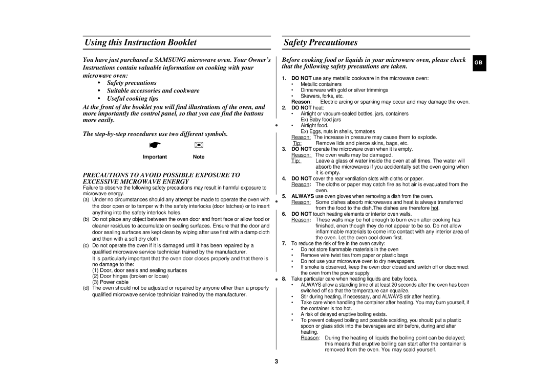 Samsung CM1329, CM1629 Using this Instruction Booklet Safety Precautiones, ImportantNote, Do not heat, It is empty 