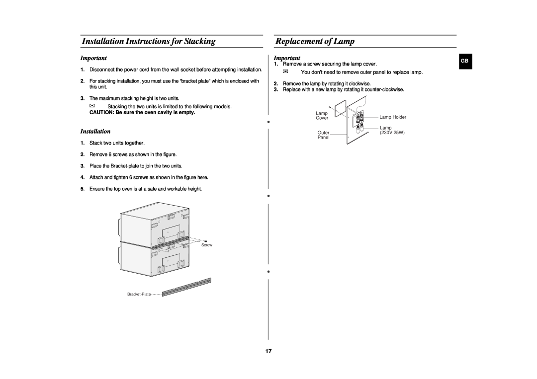 Samsung CM1329, CM1629 Installation Instructions for Stacking, Replacement of Lamp, Cover, Lamp Outer230V 25W Panel 