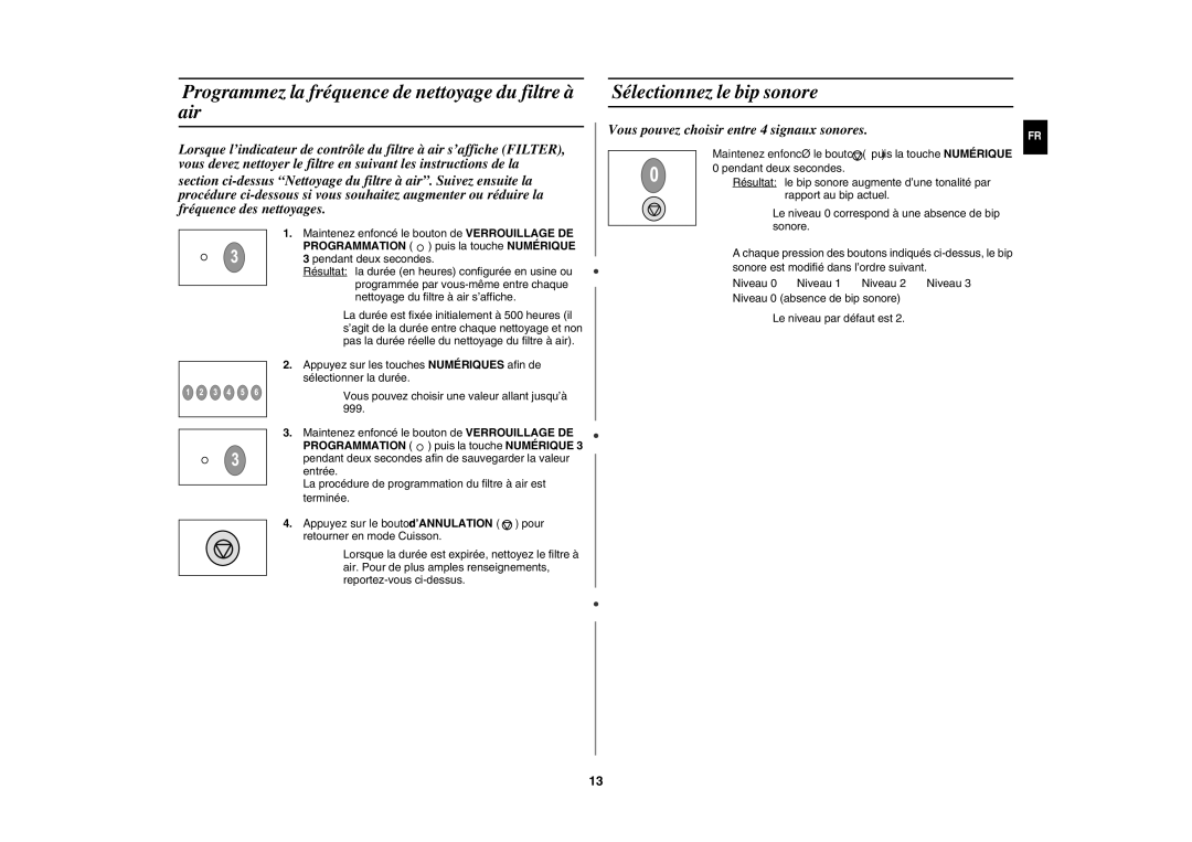 Samsung CM1629/XEF, CM1629A/XEU manual Programmez la fréquence de nettoyage du filtre à air, Sélectionnez le bip sonore 