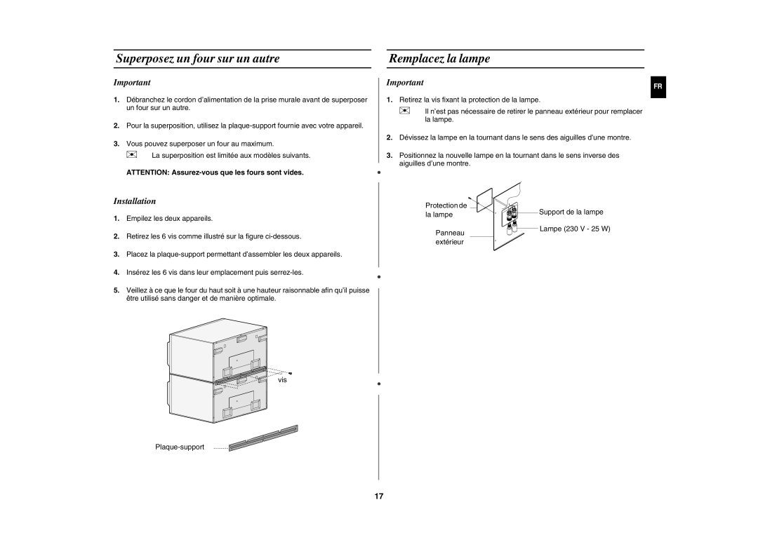 Samsung CM1629/XEF, CM1629A/XEU manual Superposez un four sur un autre, Remplacez la lampe, Installation 