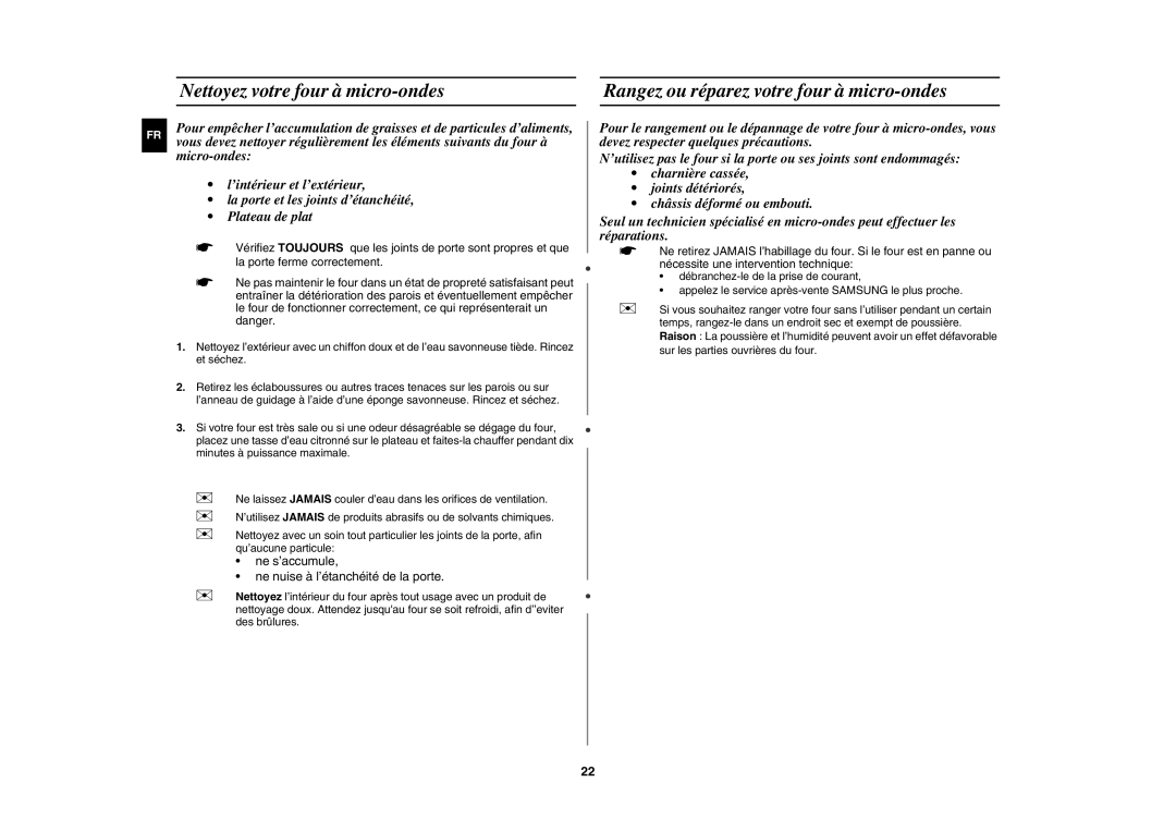 Samsung CM1629A/XEU, CM1629/XEF manual Nettoyez votre four à micro-ondes, Rangez ou réparez votre four à micro-ondes 
