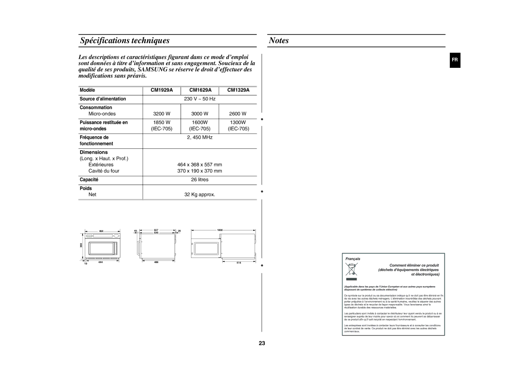 Samsung CM1629/XEF, CM1629A/XEU manual Spécifications techniques, Dimensions 