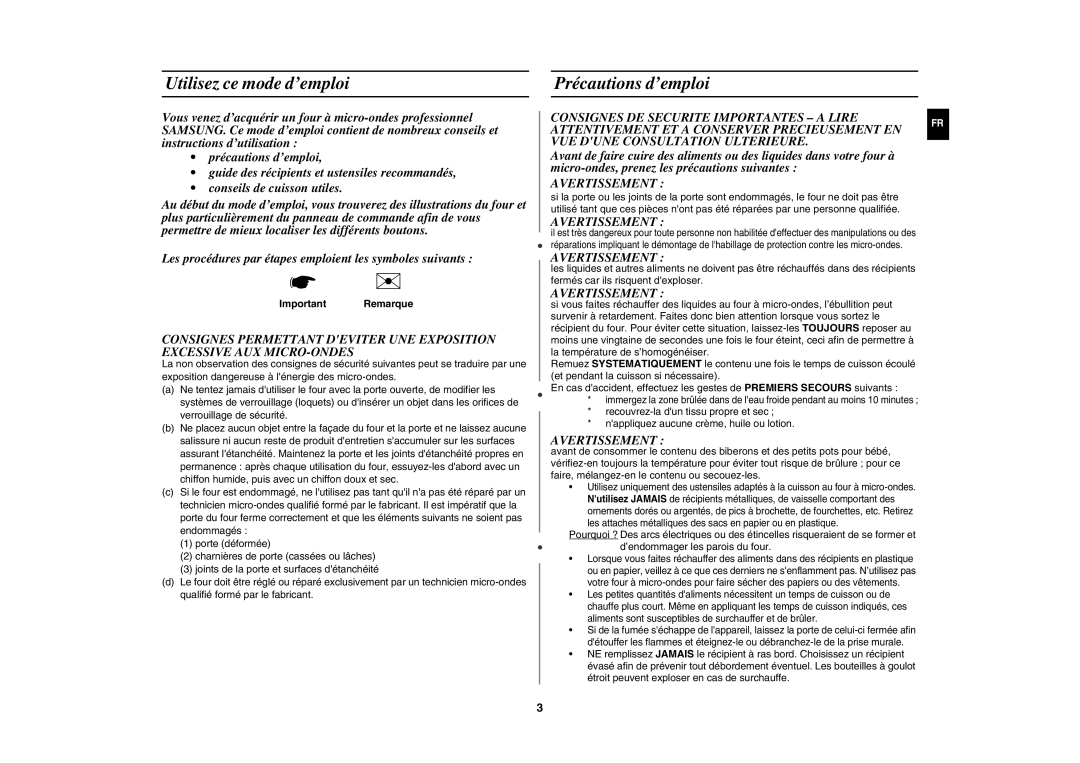 Samsung CM1629/XEF, CM1629A/XEU manual Utilisez ce mode d’emploi, Précautions d’emploi, Avertissement, Important Remarque 