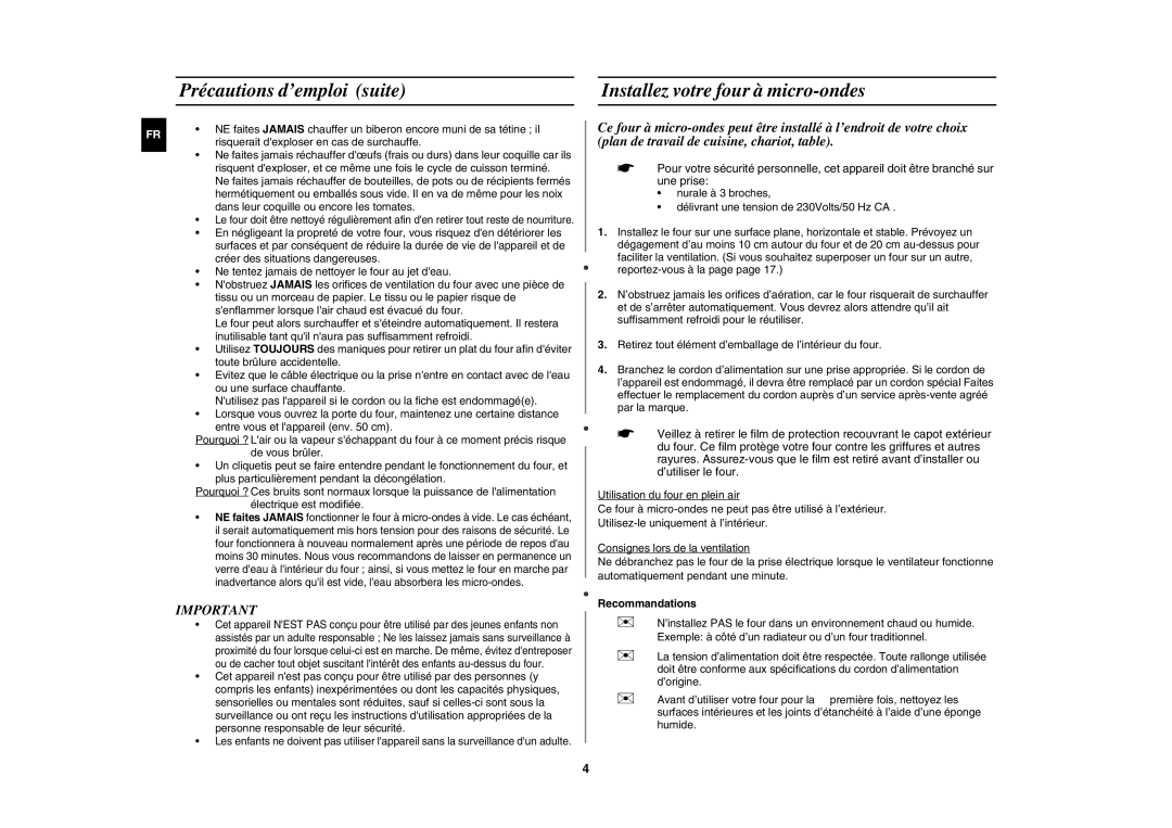 Samsung CM1629A/XEU, CM1629/XEF manual Recommandations 