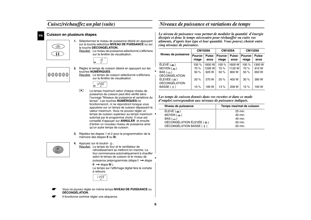 Samsung CM1629A/XEU, CM1629/XEF manual Cuisson en plusieurs étapes, CM1929A CM1629A CM1329A, Niveau de puissance 