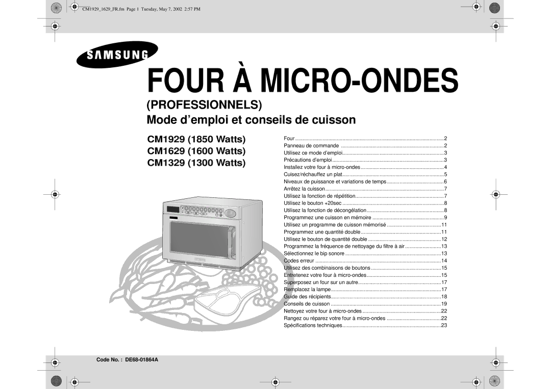 Samsung CM1629/XEF manual Four À MICRO-ONDES, Code No. DE68-01864A 