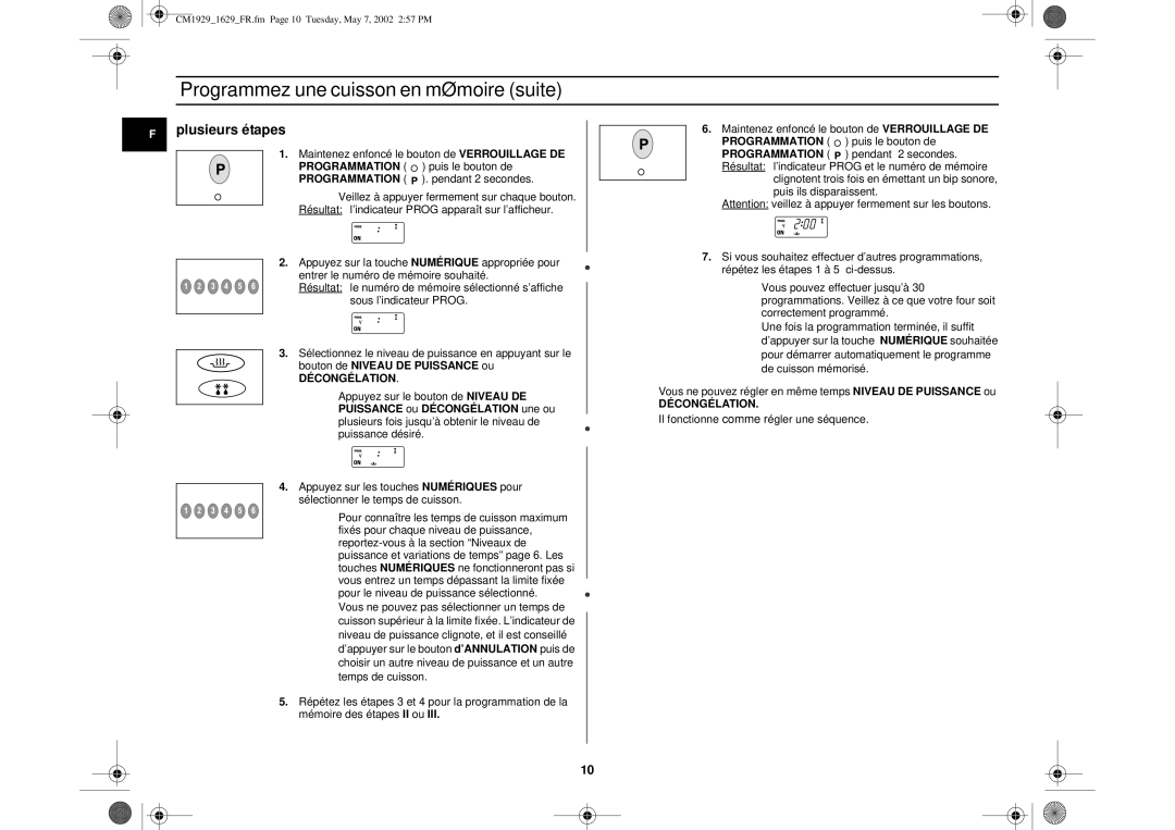 Samsung CM1629/XEF manual Programmez une cuisson en mémoire suite, Plusieurs étapes 