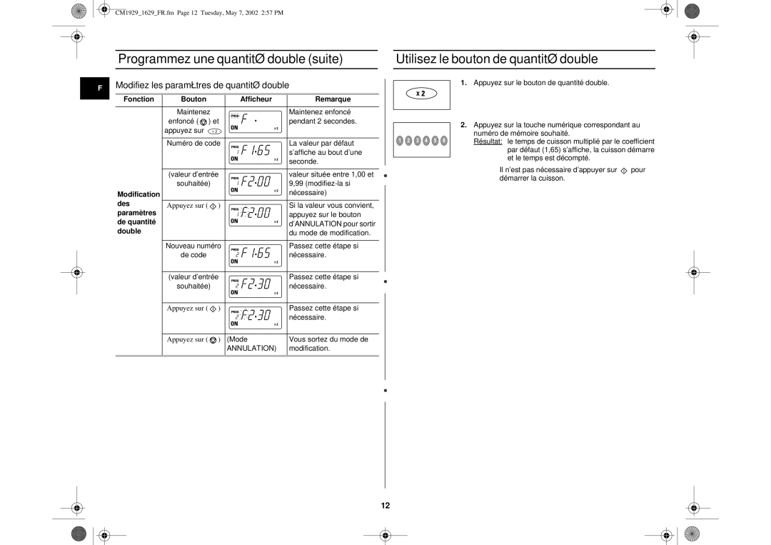 Samsung CM1629/XEF manual Programmez une quantité double suite, Utilisez le bouton de quantité double 