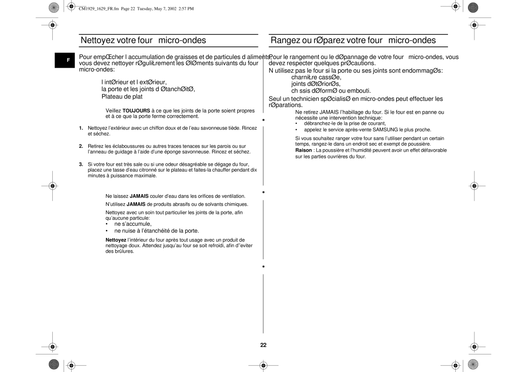 Samsung CM1629/XEF manual Nettoyez votre four à micro-ondes, Rangez ou réparez votre four à micro-ondes 