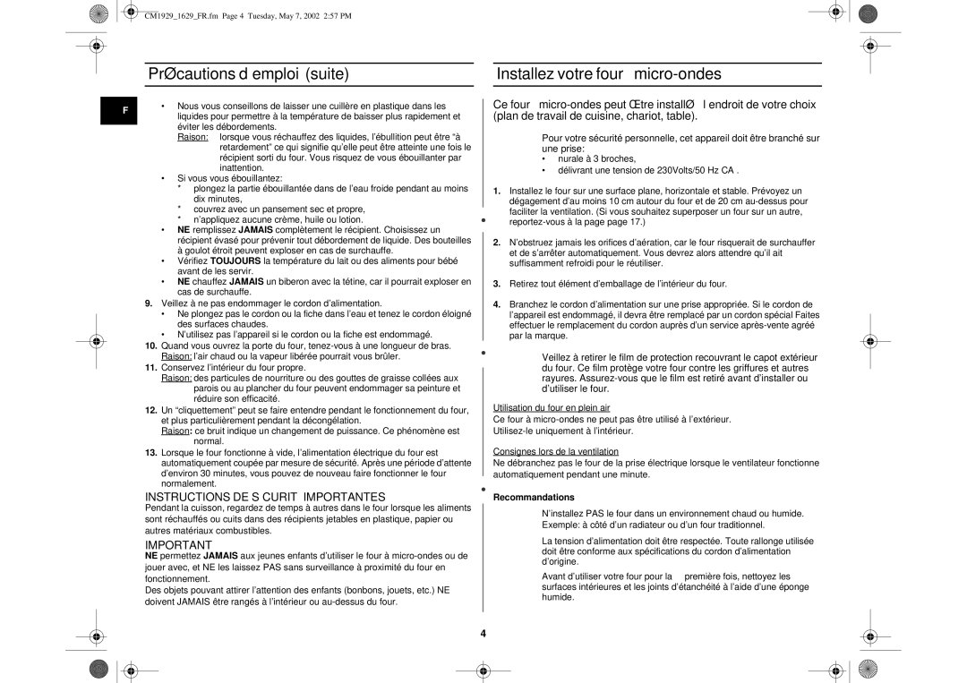 Samsung CM1629/XEF manual Instructions DE Sécurité Importantes, Recommandations 