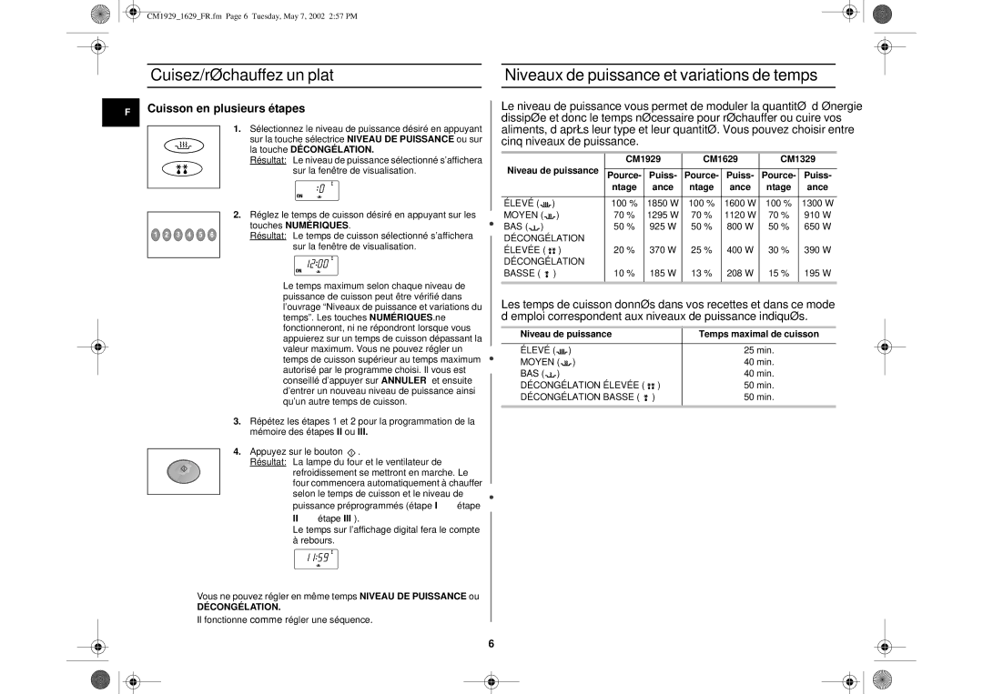 Samsung CM1629/XEF manual Cuisson en plusieurs étapes, Touches Numériques, CM1929 CM1629 CM1329, Niveau de puissance 