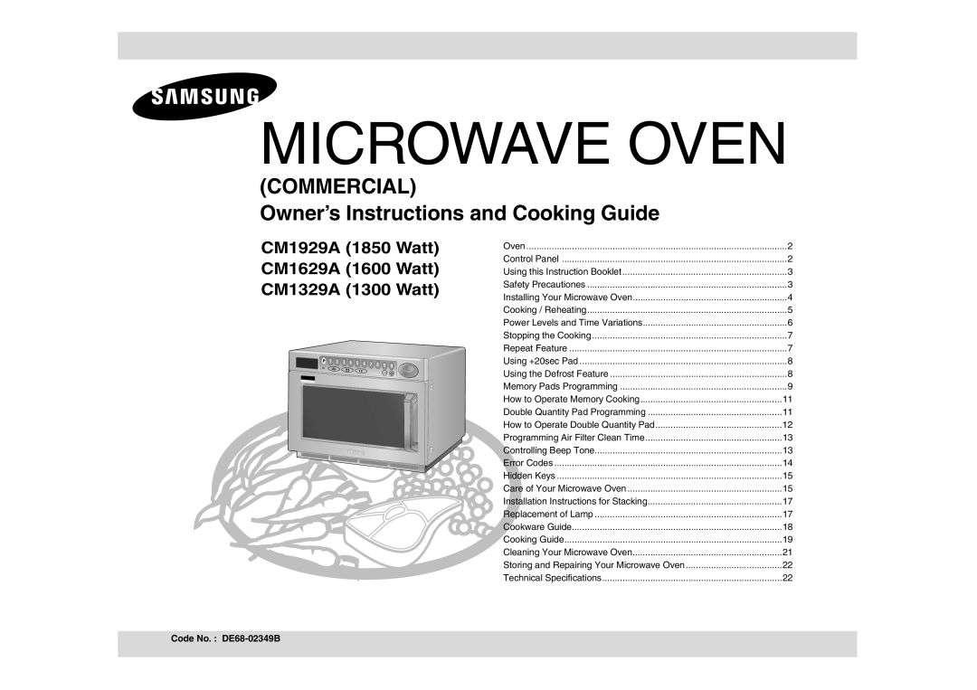 Samsung CM1629A/XEU, CM1629/XEN, CM1629/XEF manual Microwave Oven, Code No. DE68-02349B 