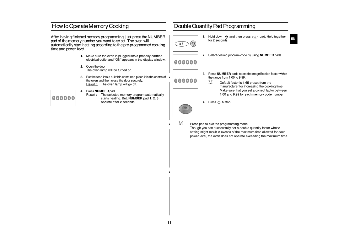 Samsung CM1629/XEF, CM1629/XEN, CM1629A/XEU manual How to Operate Memory Cooking, Double Quantity Pad Programming 