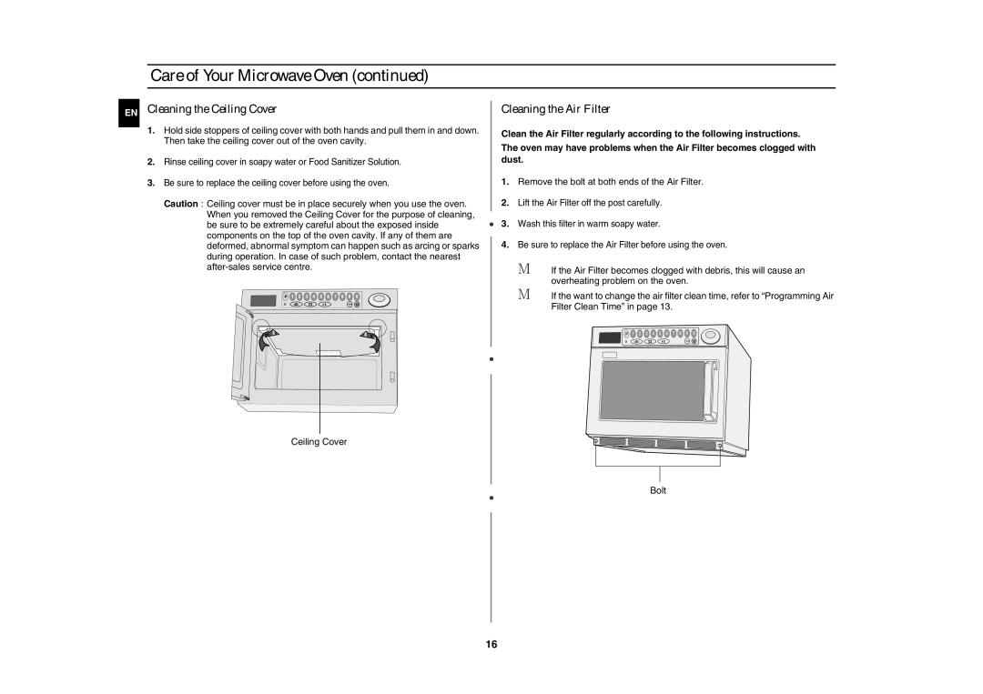 Samsung CM1629A/XEU Cleaning the Ceiling Cover, Cleaning the Air Filter, Remove the bolt at both ends of the Air Filter 