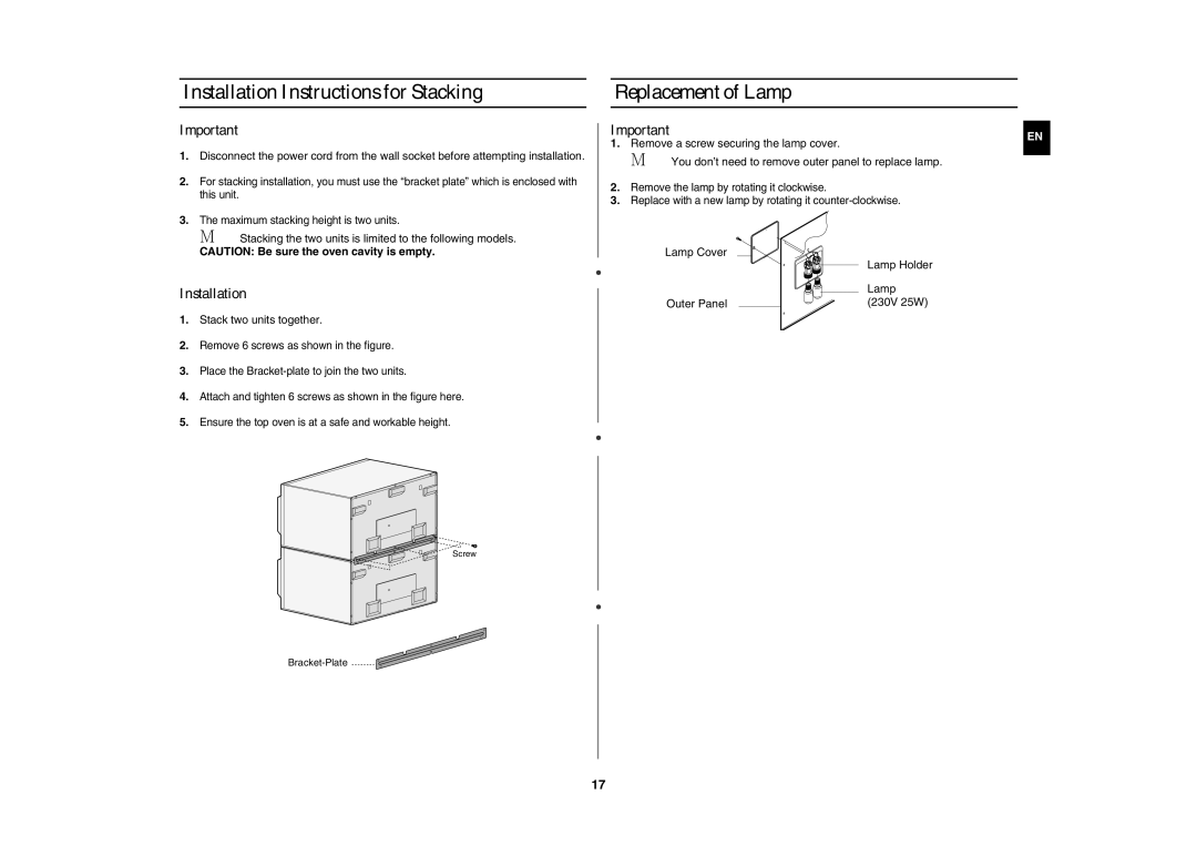 Samsung CM1629/XEF, CM1629/XEN manual Installation Instructions for Stacking Replacement of Lamp, Stack two units together 