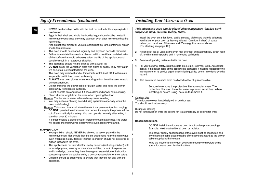 Samsung CM1629A/XEU, CM1629/XEN, CM1629/XEF manual Installing Your Microwave Oven, Recommendations 