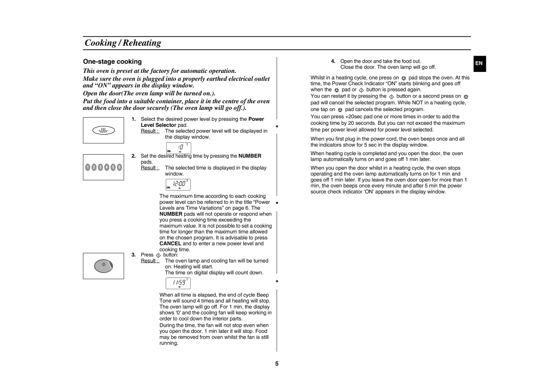 Samsung CM1629/XEF, CM1629/XEN, CM1629A/XEU manual Cooking / Reheating, One-stage cooking 