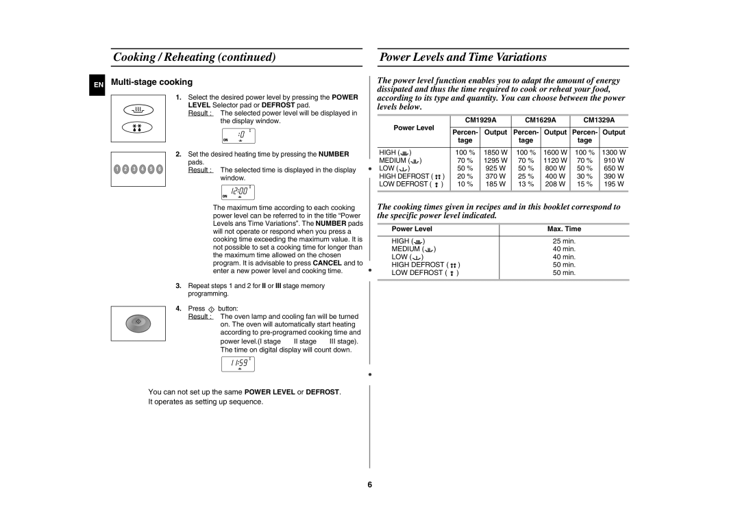 Samsung CM1629/XEN Cooking / Reheating Power Levels and Time Variations, Multi-stage cooking, CM1929A CM1629A CM1329A 