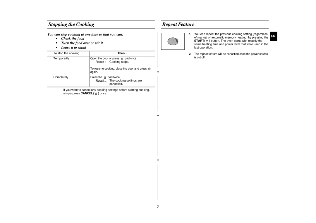 Samsung CM1629A/XEU, CM1629/XEN, CM1629/XEF manual Stopping the Cooking, Repeat Feature, Then 