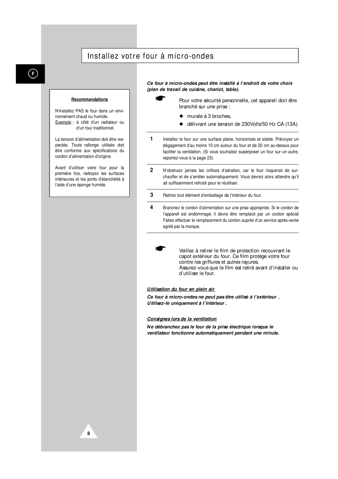 Samsung CM1829/XEF manual Installez votre four à micro-ondes, Recommandations 