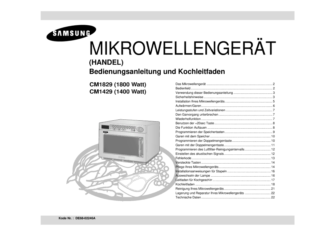 Samsung CM1829/XEG, CM1829/XEU manual Mikrowellengerät, Kode Nr. DE68-02246A 