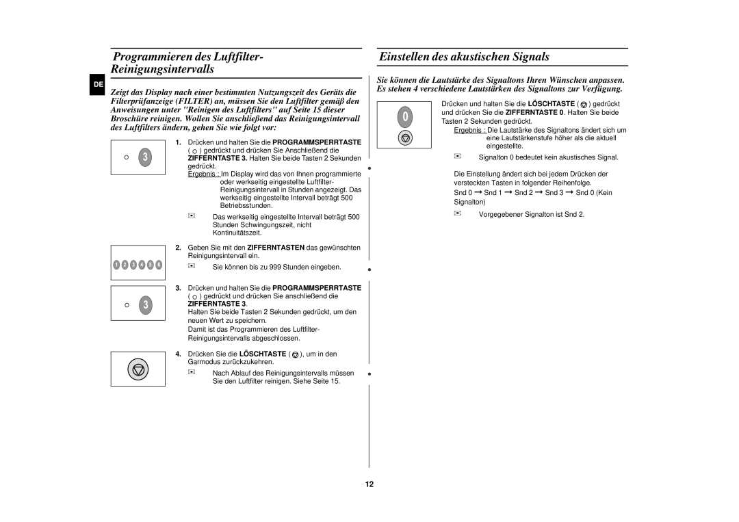 Samsung CM1829/XEU, CM1829/XEG manual Programmieren des Luftfilter Reinigungsintervalls, Einstellen des akustischen Signals 