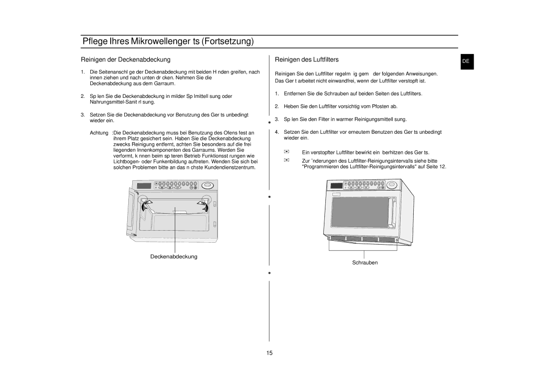 Samsung CM1829/XEG Pflege Ihres Mikrowellengeräts Fortsetzung, Reinigen der Deckenabdeckung, Reinigen des Luftfilters 